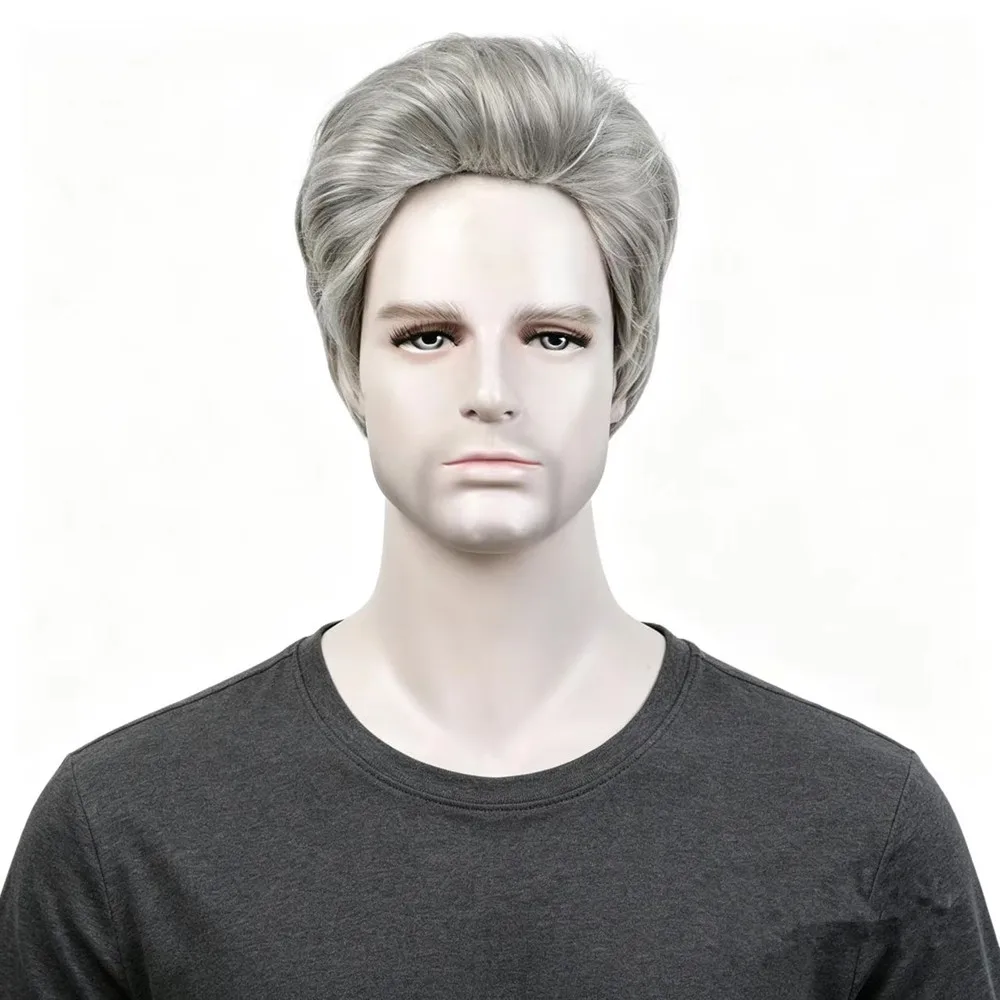 Men's Short Silver Gray Synthetic Wig - Natural Ombre Grey Hair Heat Resistant Daily/Party Cosplay Wig for Men