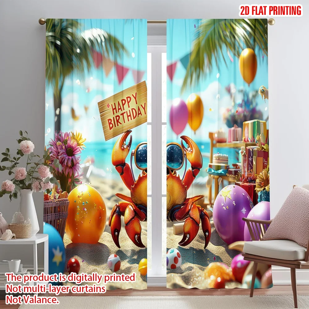 

2D flat printing 2pcs Curtain Birthday Beach Party Crab Digital Printed Polyester Drapes Party Decorations Perfect for New Year