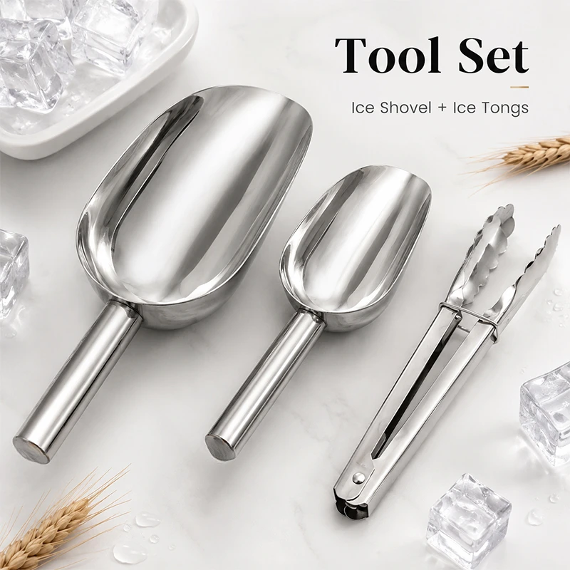 3 Piece Stainless Steel Ice Scoop Set with Two Long Handle Scoops and Tongs for Ice Flour Pet Food Jars Freezer Kitchen Use