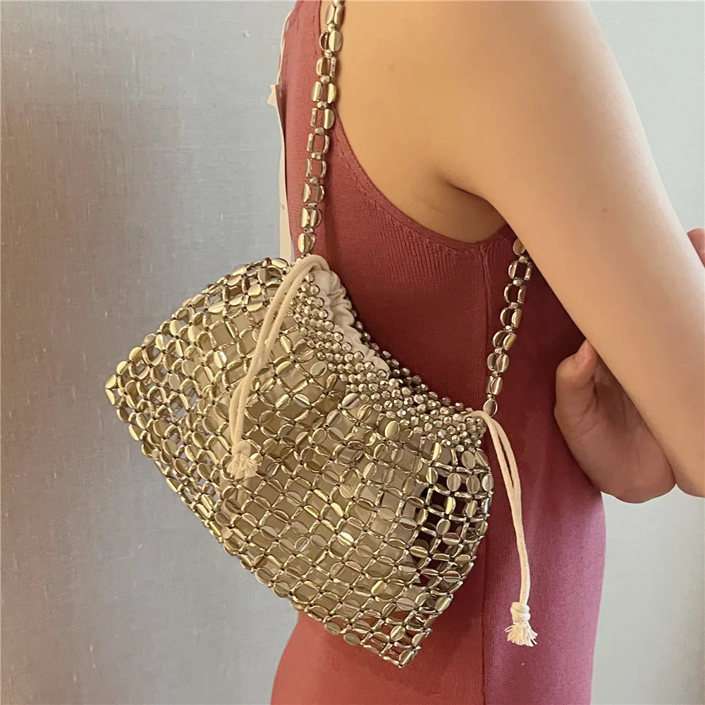 FIRMRANCH-Sac sous les bras tissé à la main pour femme, sac à main intérieur Hobos, fourre-tout de proximité avec wstring, perlé argenté, doux et frais, été