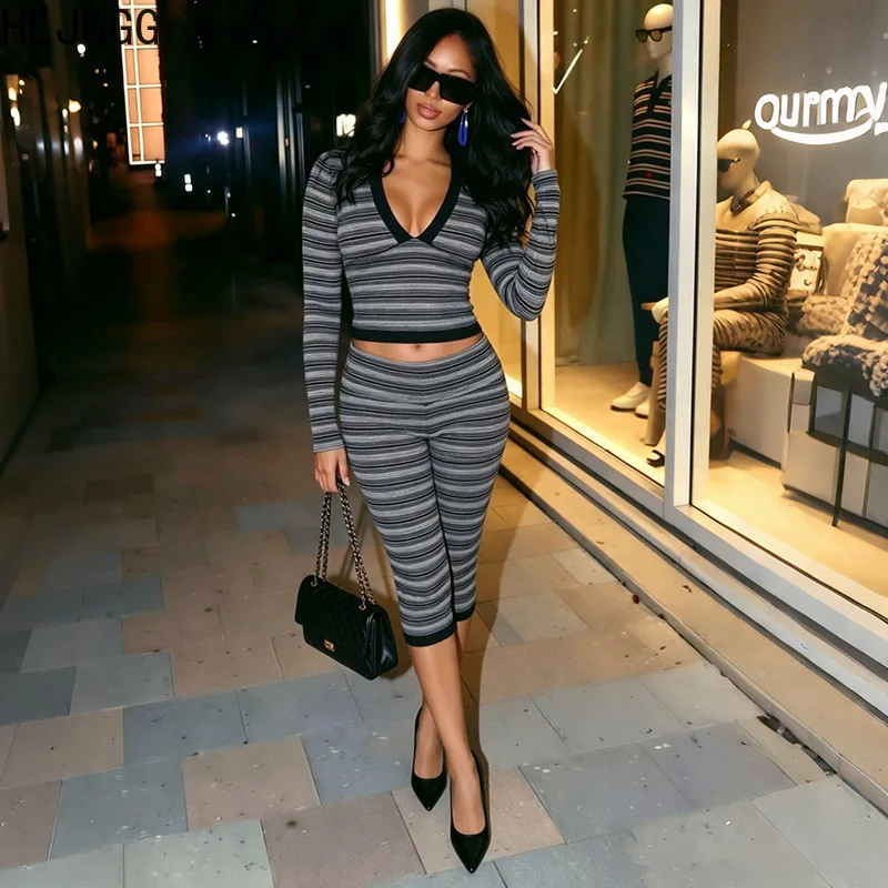 FAGADOER Women Striped Two Piece Set Deep V Neck Long Sleeve Crop Top Capri Pants Bodycon Casual Streetwear Matching Outfit 2026
