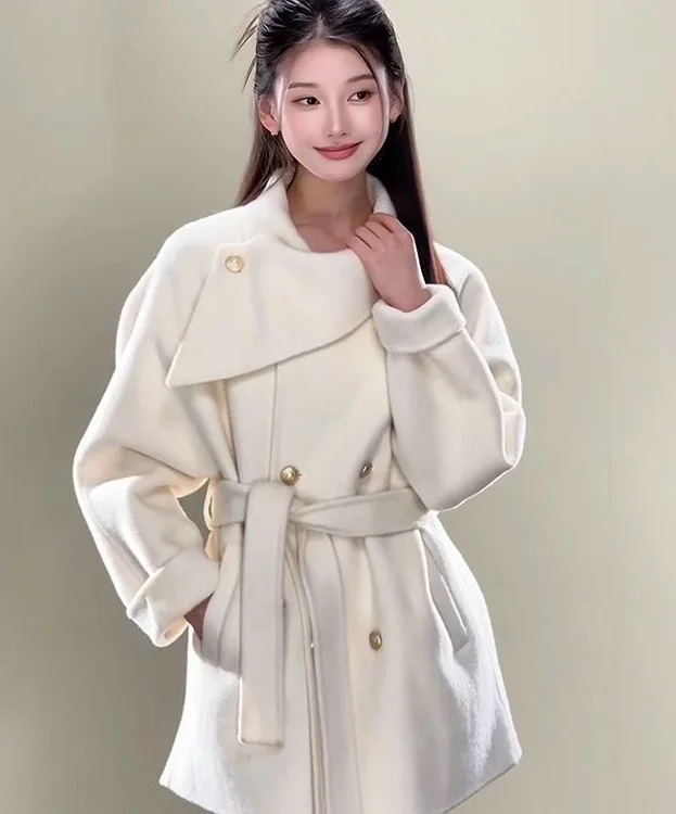 Abrigos de mezcla de lana Abrigo de lana para mujer naranja otoño mezclado tartán cuello alto estilo parisino salidas modernas Urban Cleanfit Chic