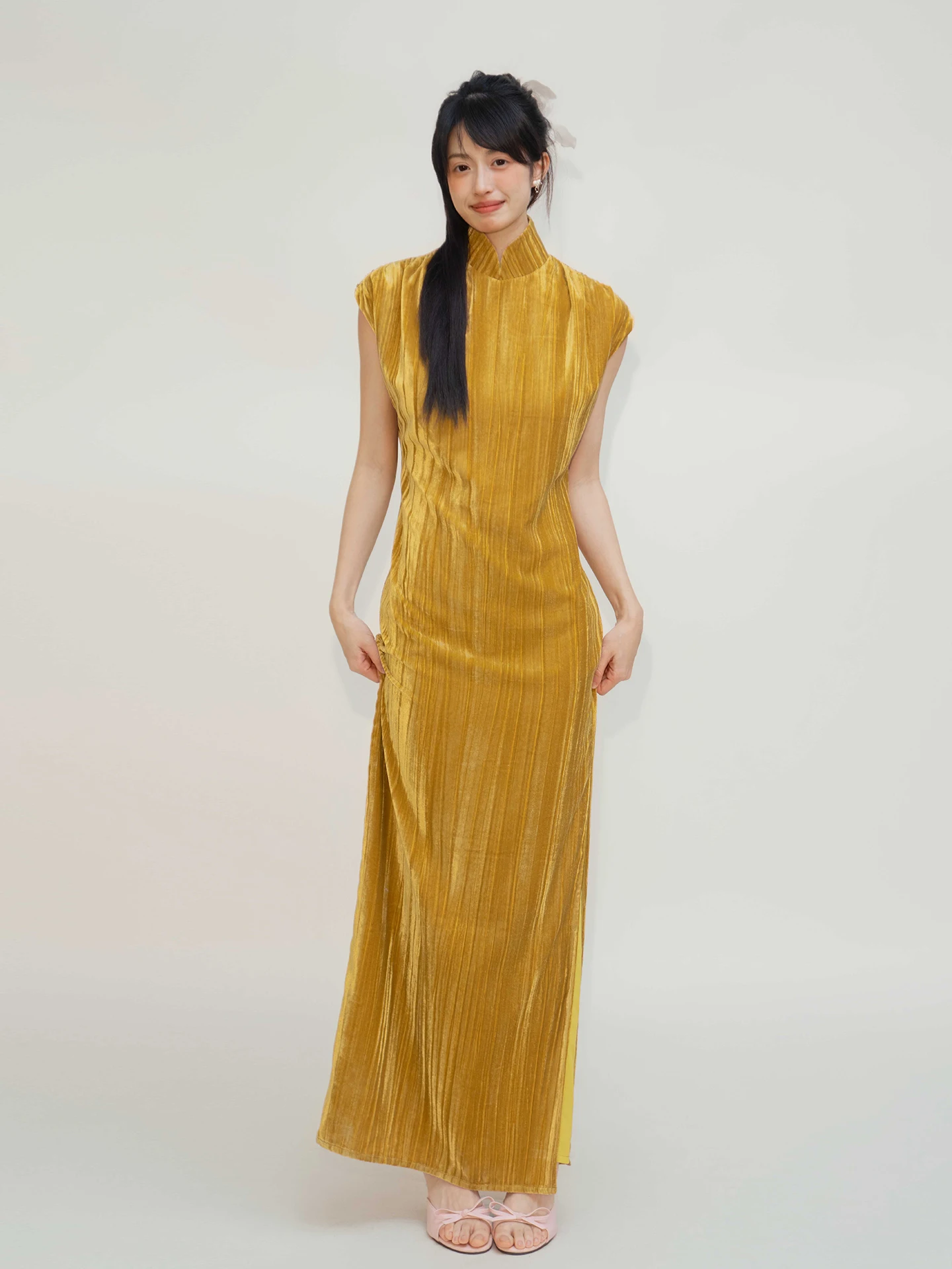 

New Chinese Sle Wedding Dr Long Velvet Qipao for Engagement Breathable ort Sve Polyester And Spandex Casual Wear