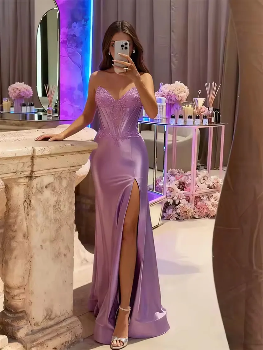 Perline personalizzate Abiti da ballo in raso con applicazioni in pizzo Sirena con spacco con spalle scoperte Abiti da cerimonia arabi sauditi Abito da sera da donna