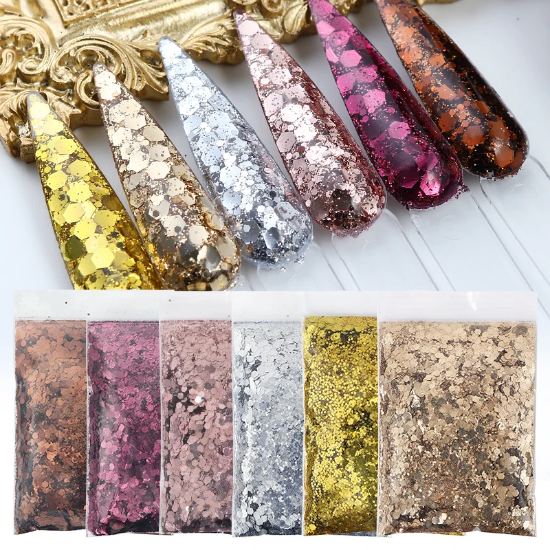 

50g Chunky Hexagons Nail Glitter Decoration Sparkly Gold Silver Sequins Chrome Nail Art Powder Pigment Dust Decoración Para Uñas