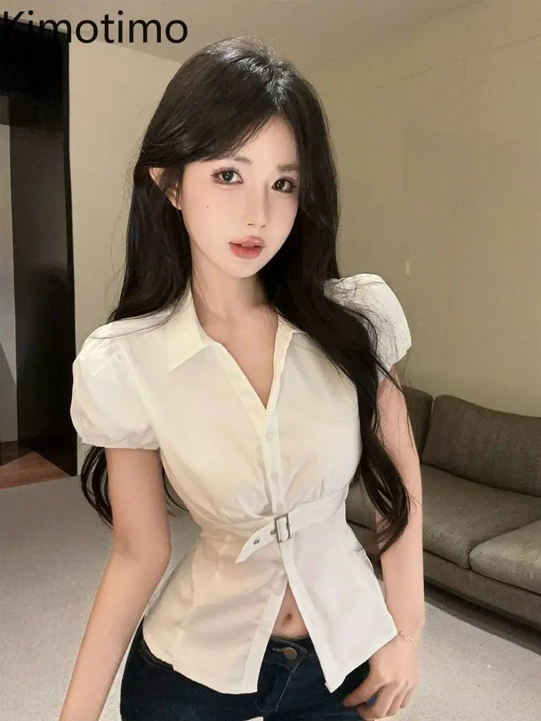 

Kimotimo Chic White Shirt Women Temperament Metal Button Waist Slim Fit Crop Top Summer Sexy Lapel Transparent Versatile Blouse