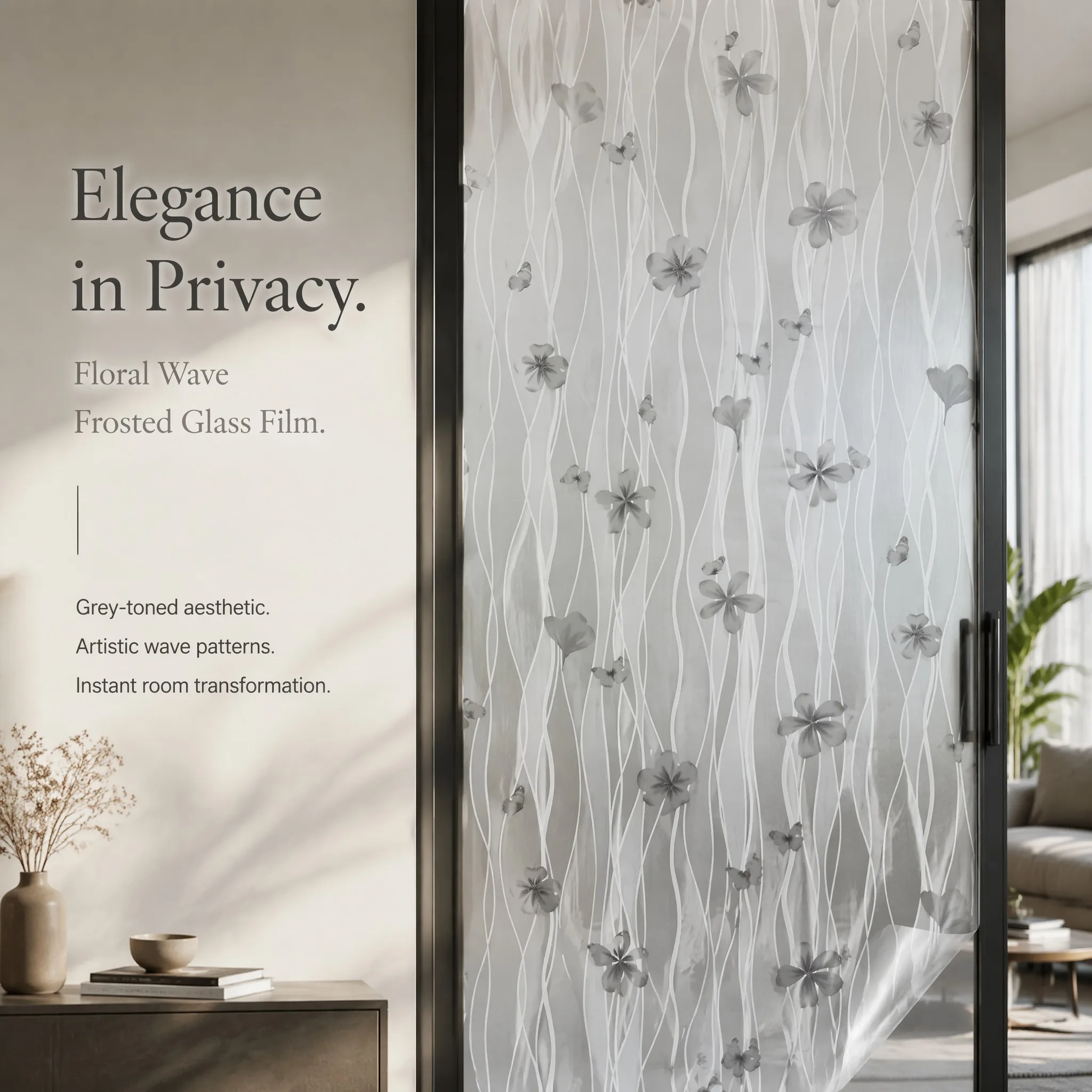 Minimalist Grey Wave Floral Butterfly Privacy Window Film Built-in Adhesive Soft Light Filter Cuttable PVC for Modern Neutral
