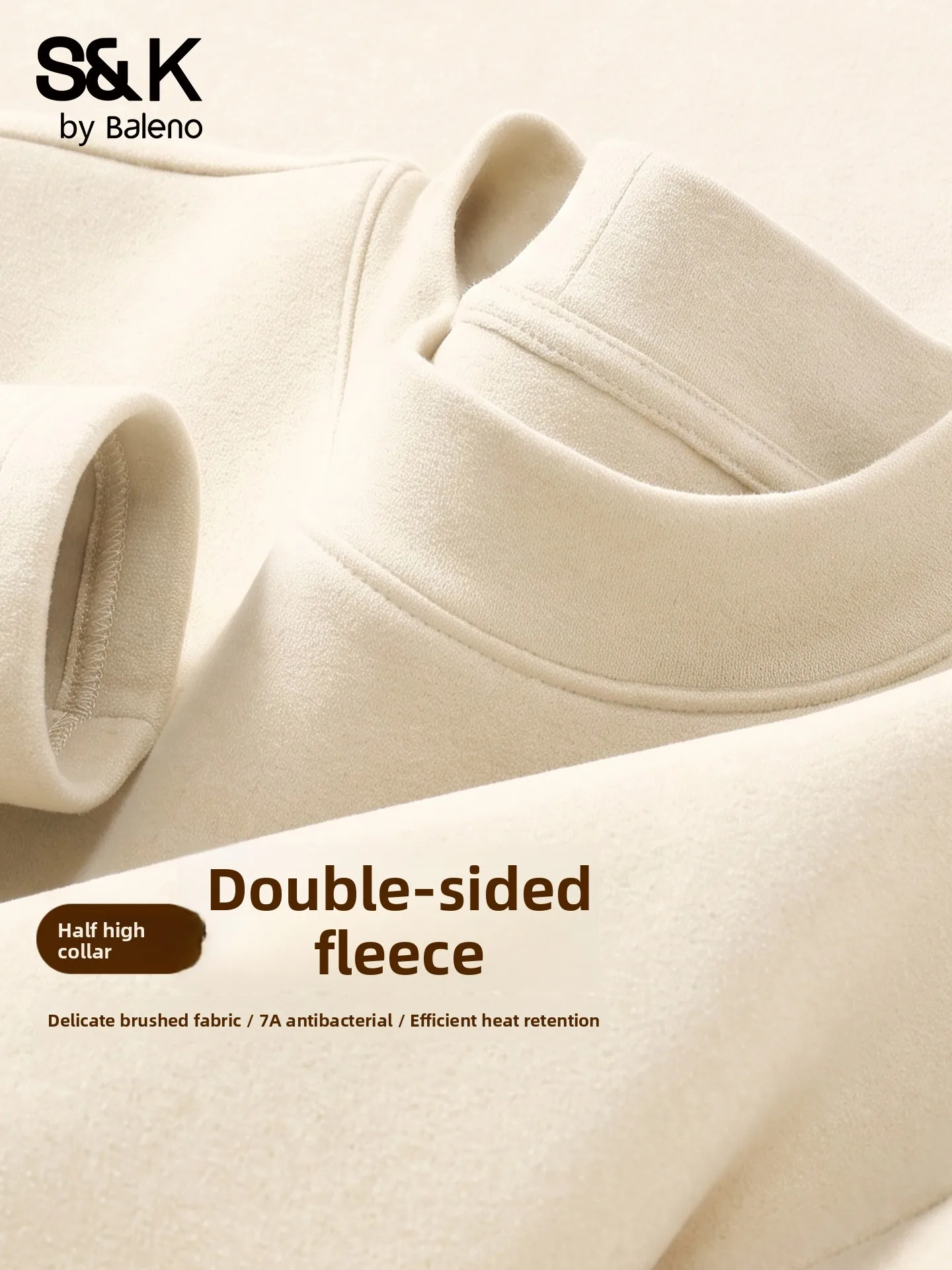 Baleno Men's Long Sleeve Thermal T-Shirt Half High Collar Double Sided Fleece mid Collar Autumn Winter Inner Wear Light Beige