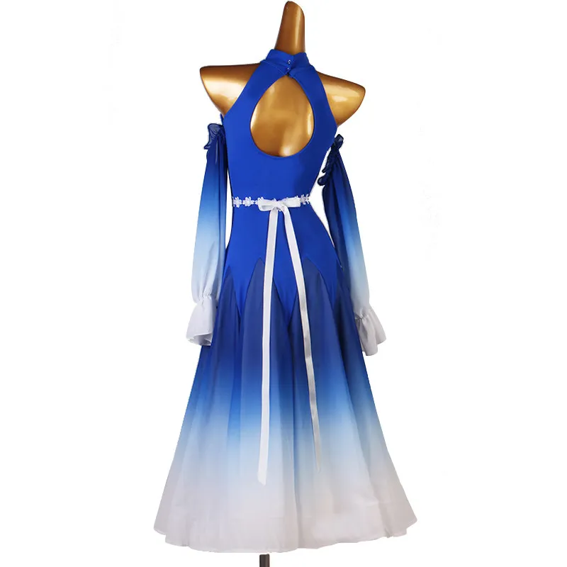 Halter cold shoulder gradient flowing sleeve floral waist decoration big swing modern dance dress waist fitted ballroom long dre