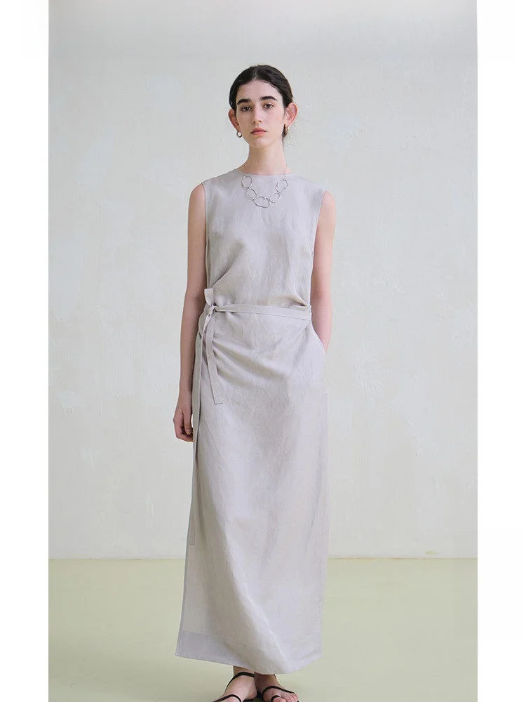 

Ltyp Travel Original Linen Blend Dress Minimalist Artistic Waist Cinching Sleeveless Long Dress Women Summer Casual Wear