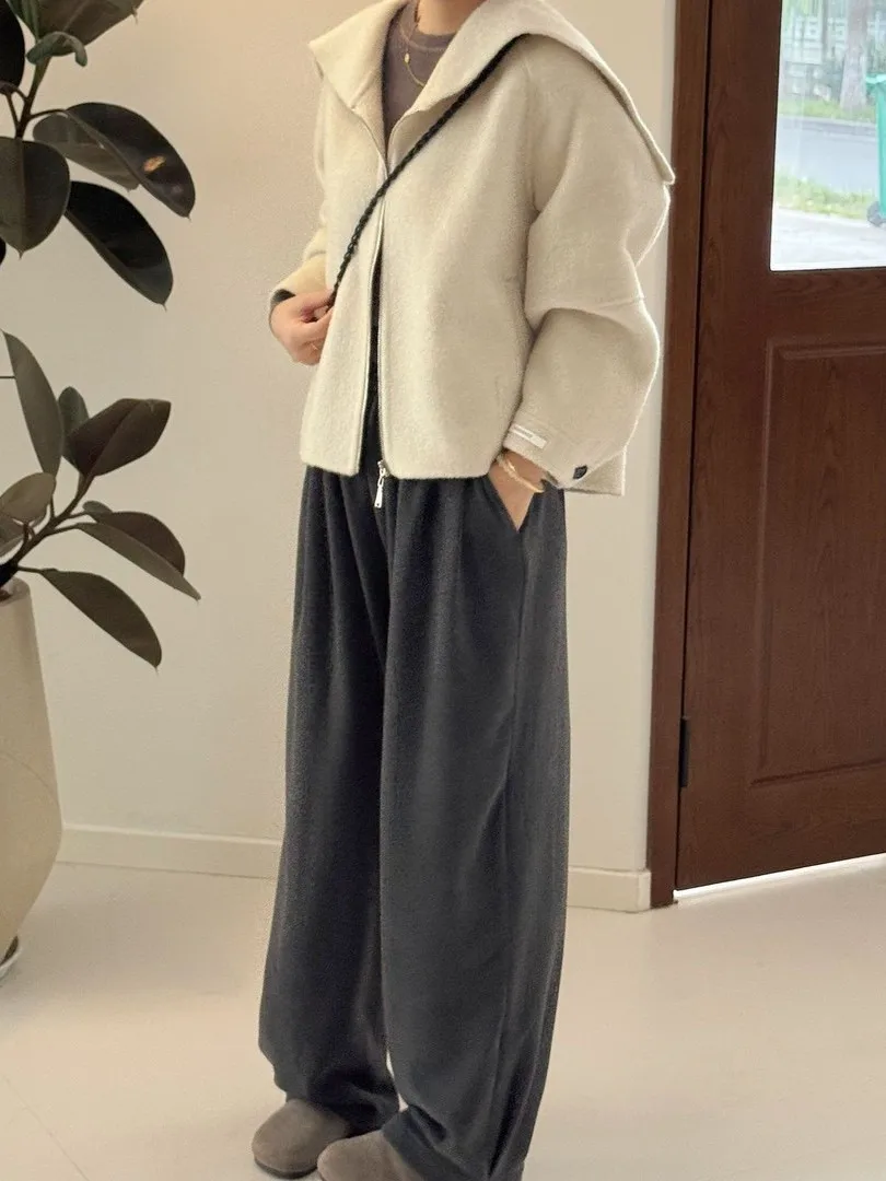 معطف صوفي كحلي للسيدات ort Sle بياقة عالية فضفاض مناسب للشتاء Faion Commute Wind Thiened طويل Sve سحاب لون نقي #2