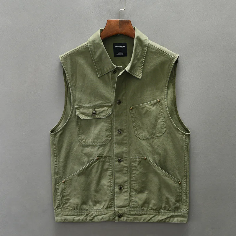 

Japanese Vintage Vests for Men Outdoor Working Vest Causal Pure Cotton Multi-pockets Button Men's Sleeveless Jacket Streetwear