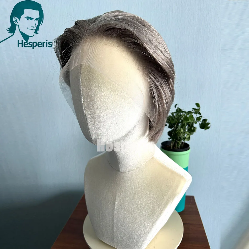 

Hesperis Lace Front Human Hair Wig For Men 13x4 Transparent Lace Natural Grey Hair Replacement Wig Durable Short Pixie Cut Wig