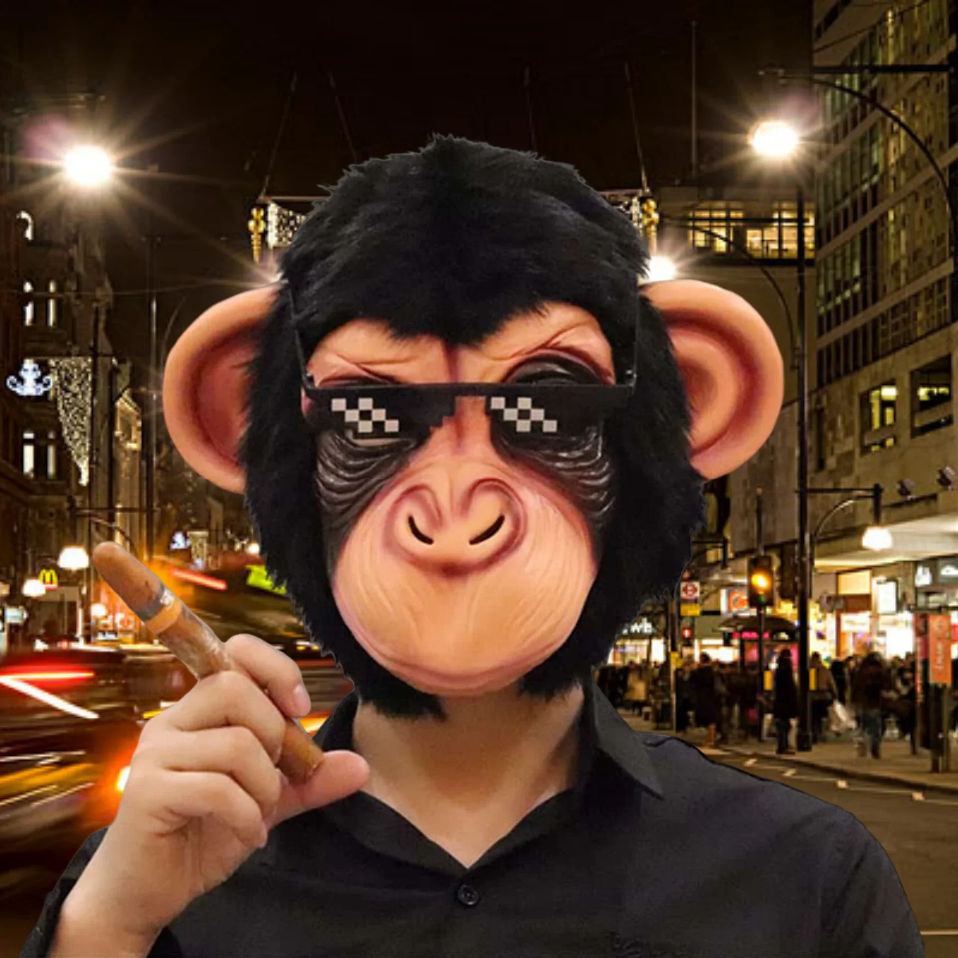 

завершенный в латексном стиле, capuche de tête d'animal, Хэллоуин, карнавал, косплей, Jolly Chimp, костюм для ресниц для взрослых