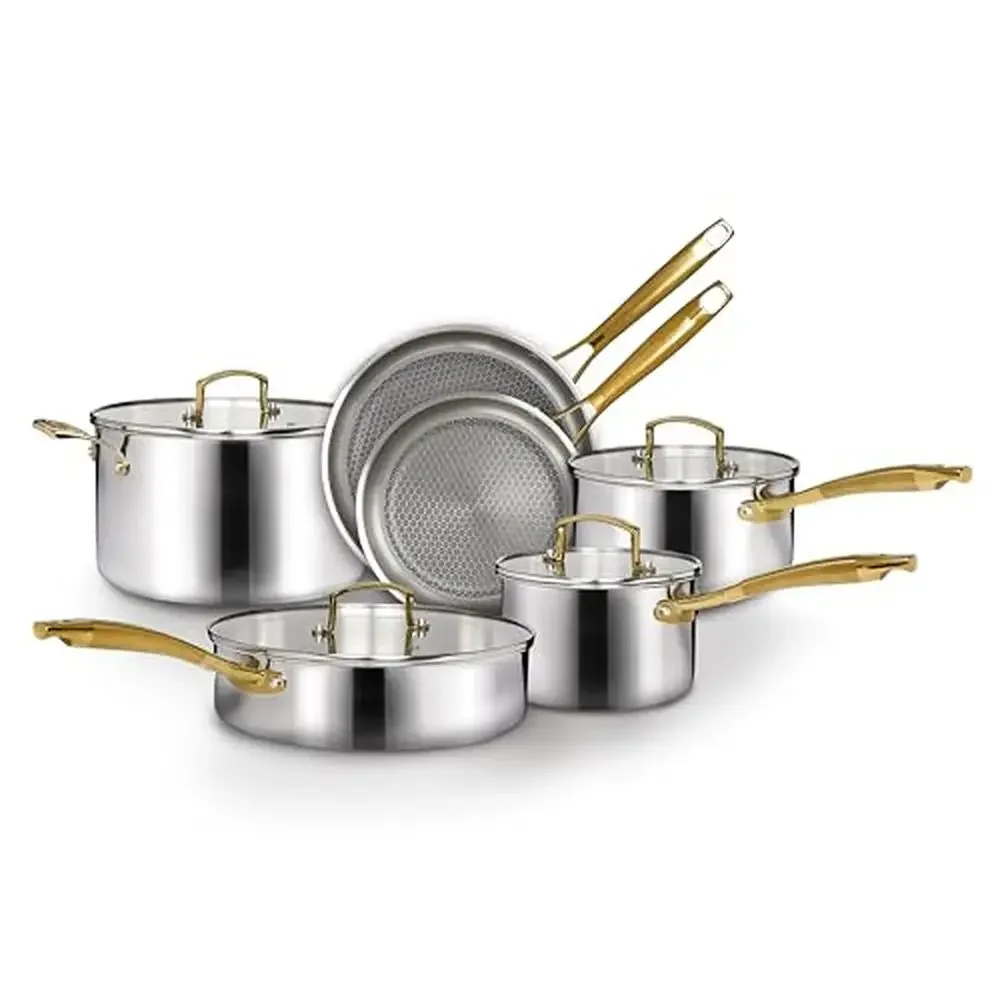 10-Piece Tri-Ply Stainless Steel Cookware Set Induction Compatible Mirror Polish Nonstick Pots and Pans Mirror Finish Honeycomb