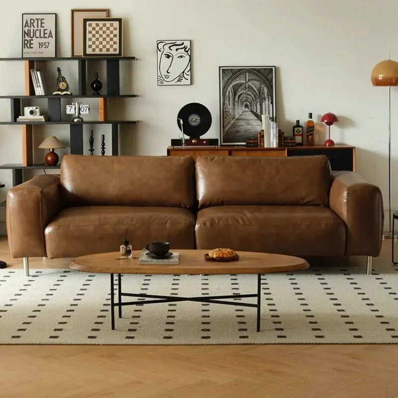 

Italian minimalist down straight row French leather sofa medieval retro oil wax leather sofa