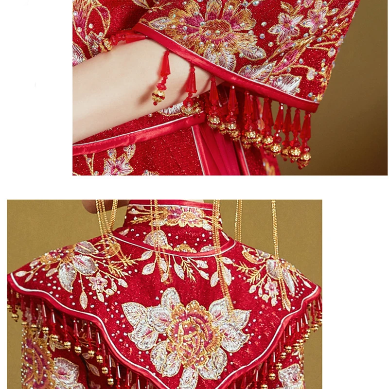 Xiuhe Suit Red The Bride's Retro Female Plus Size Groom Dragon Phoenix Gown Chinese Wedding Dress Tassel Embroidery Shirt Skirt