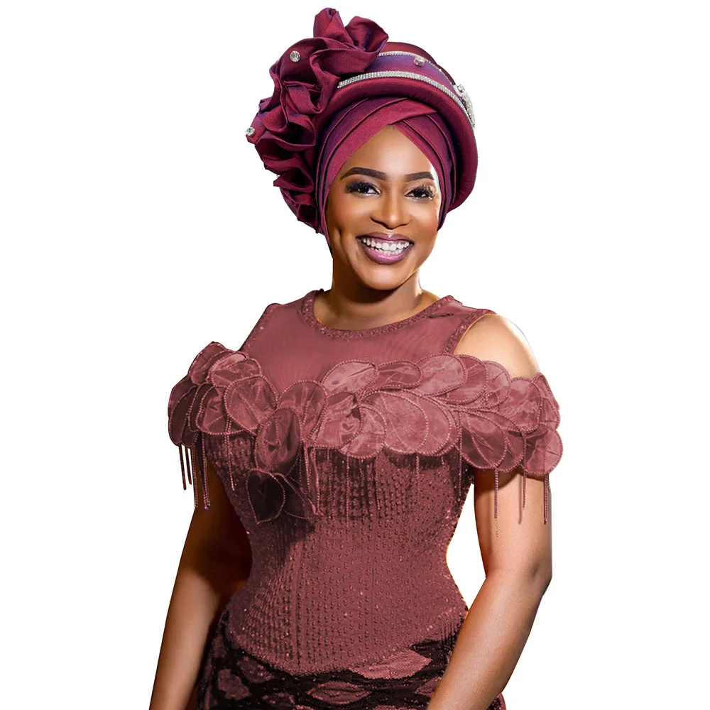 نيجيريا الحرير الخام السيارات Gele ربطة الرأس قبعة إسلامية أغطية الرأس حفلة Turbante تكدرت قبعة عمامة للنساء سيدة أفريقية أشرطة رأس