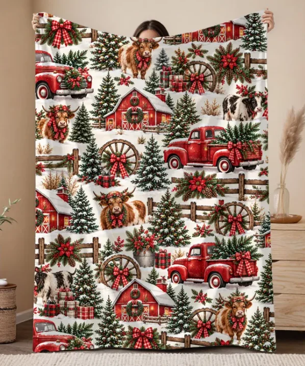 Vintage Red Truck Farm Christmas Sherpa Fleece Blanket  Country Christmas Blanket  Cozy Christmas Throw  Cow Christmas Blanket