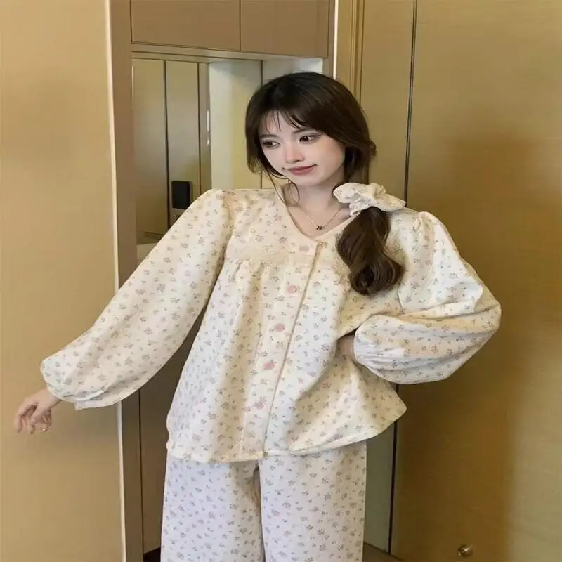 Conjunto de pijama Sexy para mujer, ropa de casa a la moda, traje para casa coreano grueso y cálido, pantalones de chándal de dos piezas para estudiantes, conjuntos de números completos