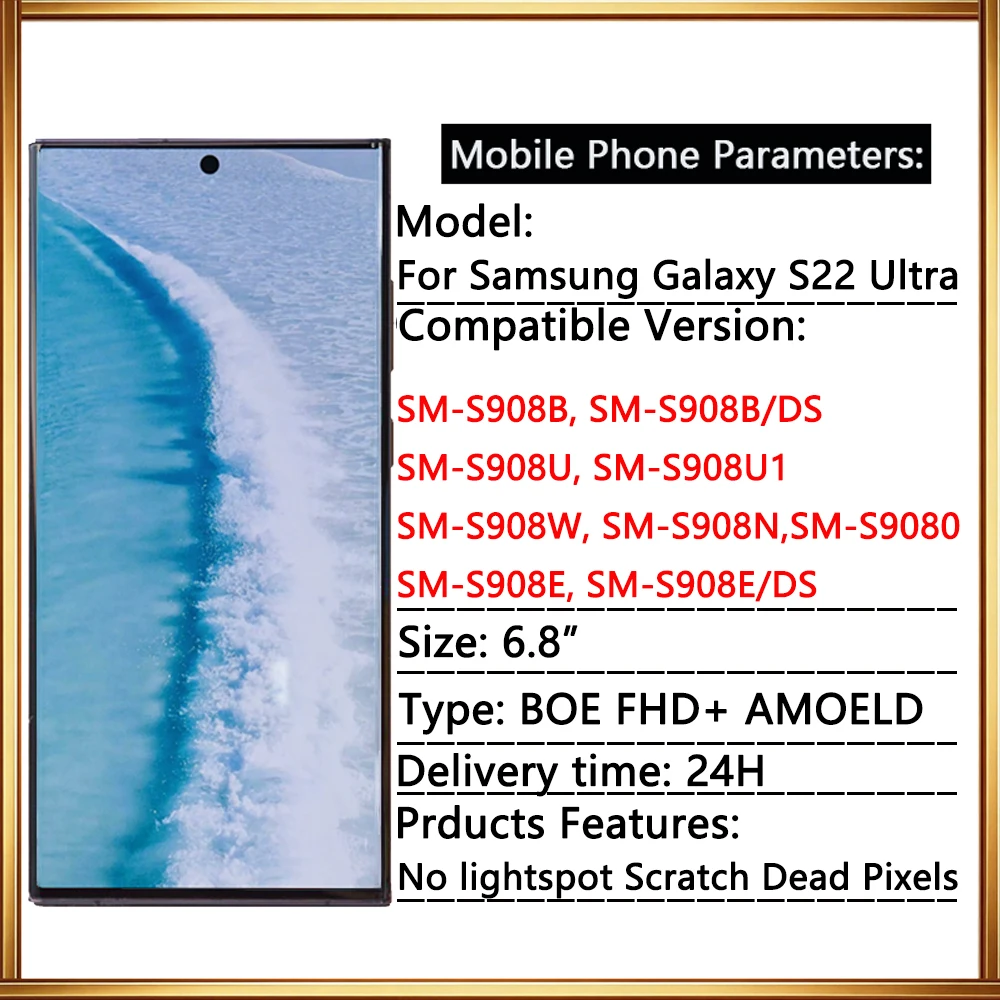 6.8' 120Hz AMOLED For Samsung Galaxy Pantall S22 Ultra LCD with Frame S908B S908U Display Assembly Touch Screen Digitizer