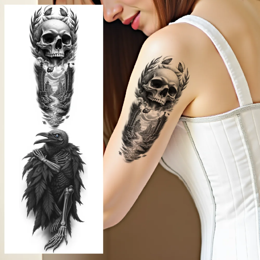 3pcs Temporary Tattoo Skull With Flowers Realistic Temporary Tattoos Viking Skull Raven Skeleton For Women Thighs Arms