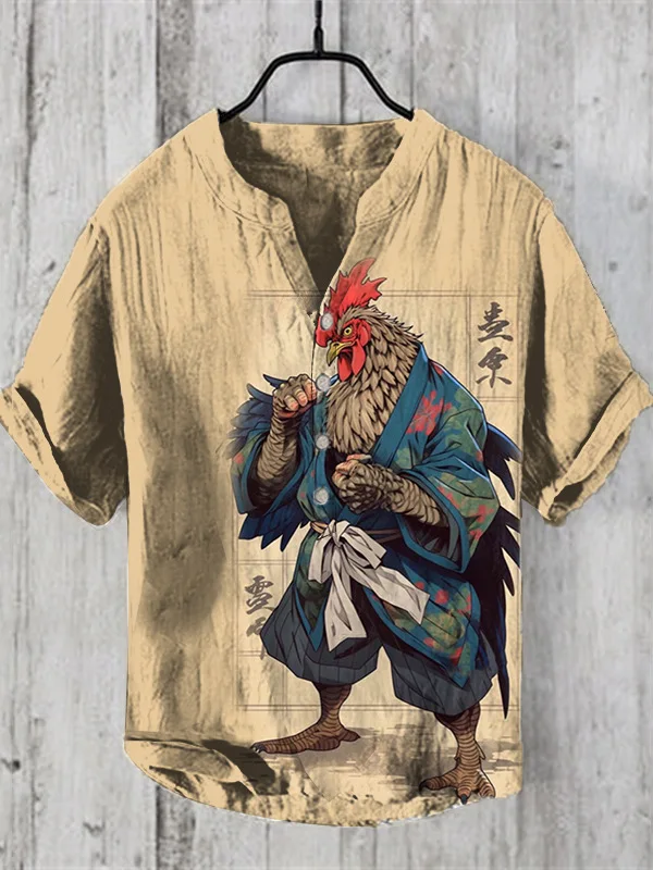 Men\'s casual fashion assassin print Chinese style linen short sleeved shirt loose fit V-neck top