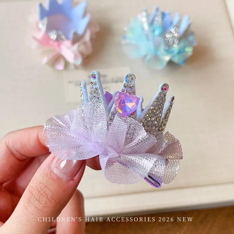 New Rhinestone Princess Crown Hair Clips Iridescent Tulle Bow No Hurt Hair Barrettes for Baby Girls Toddler Birthday Party