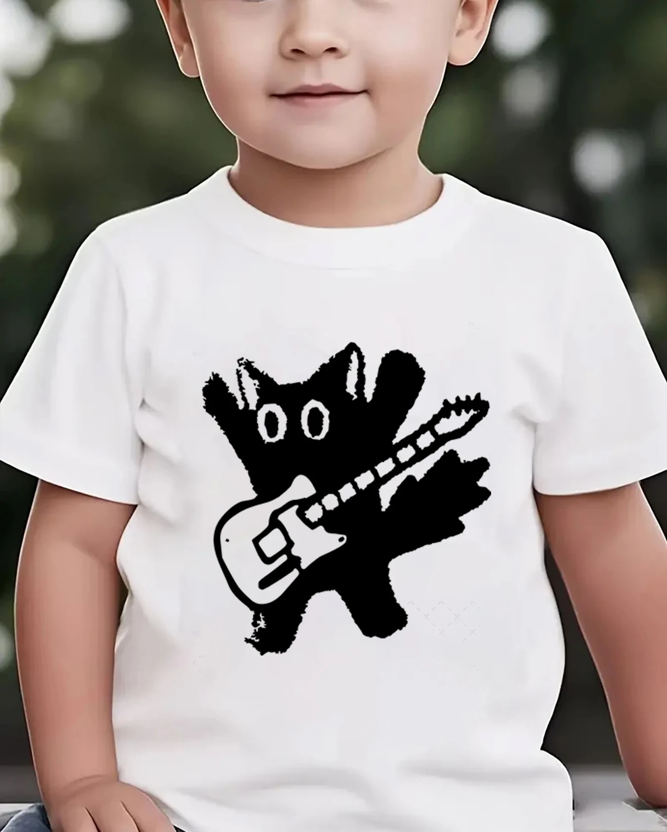 Cute Cat Guitar Print Kids T-shirt Funny Cat Music Soft Casual Top Cat Lover Crewneck T-Shirts Guitar Design Girl Boy Clothes