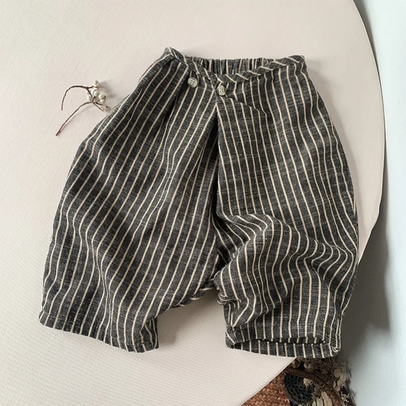 Spring New Kids Vertical Stripe Cotton Linen Wide Leg Pants, Loose Fit Harem Pants Boys and Girls Korean Style Toddler Trousers