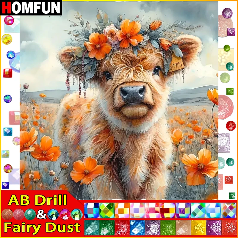 

HOMFUN Fairy Dust AB Full diamond Painting "Animal Cow Flower" Resin Drill Embroidery 5D Diy Diamond Painting Handmade gift
