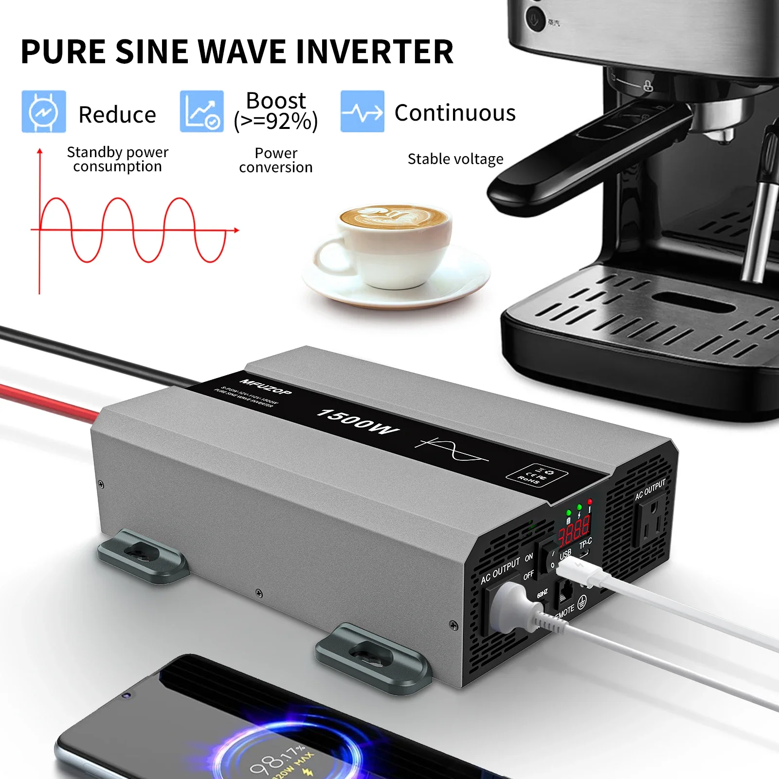 Imagem -05 - Datouboss-inversor de Onda Senoidal Pura Sak1500w dc para Transformador de Energia ac Interface Usb tipo c Display Lcd Conversor de Tensão 1500w