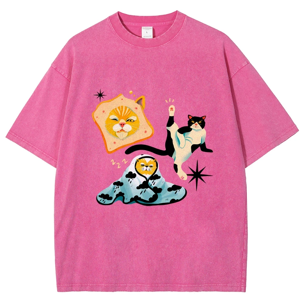 

Cool Funny Cat T Shirts Unisex Washed Tees Men Women Oversized Short Sleeve T-shirts Cotton Streetwear Harajuku Graphic T Shirts