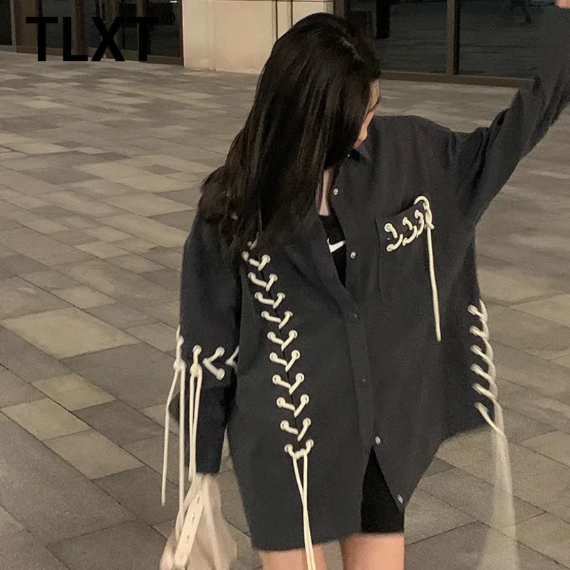 

TLXT Bandage Patchwork Single-breasted Turn-down Collar Slim Fashion Women's Blouse 2024 Autumn Winter New XK929