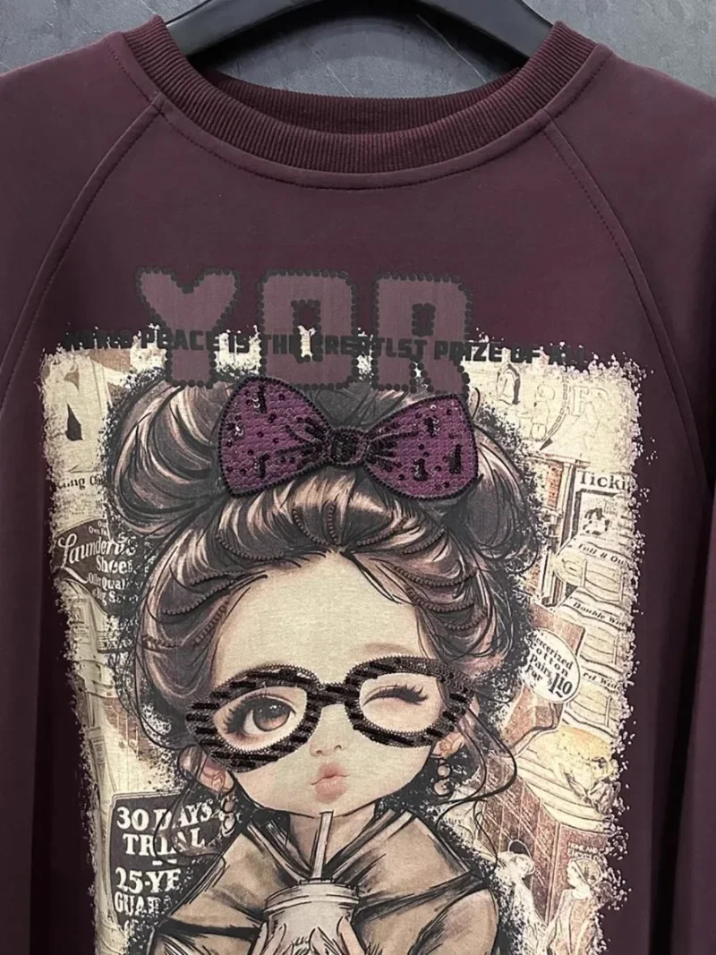 2024 Autumn New Heavy Industry Printing Cartoon Loose Fashion Design Sense Long Sleeve Top Crew Neck Sweater For Women