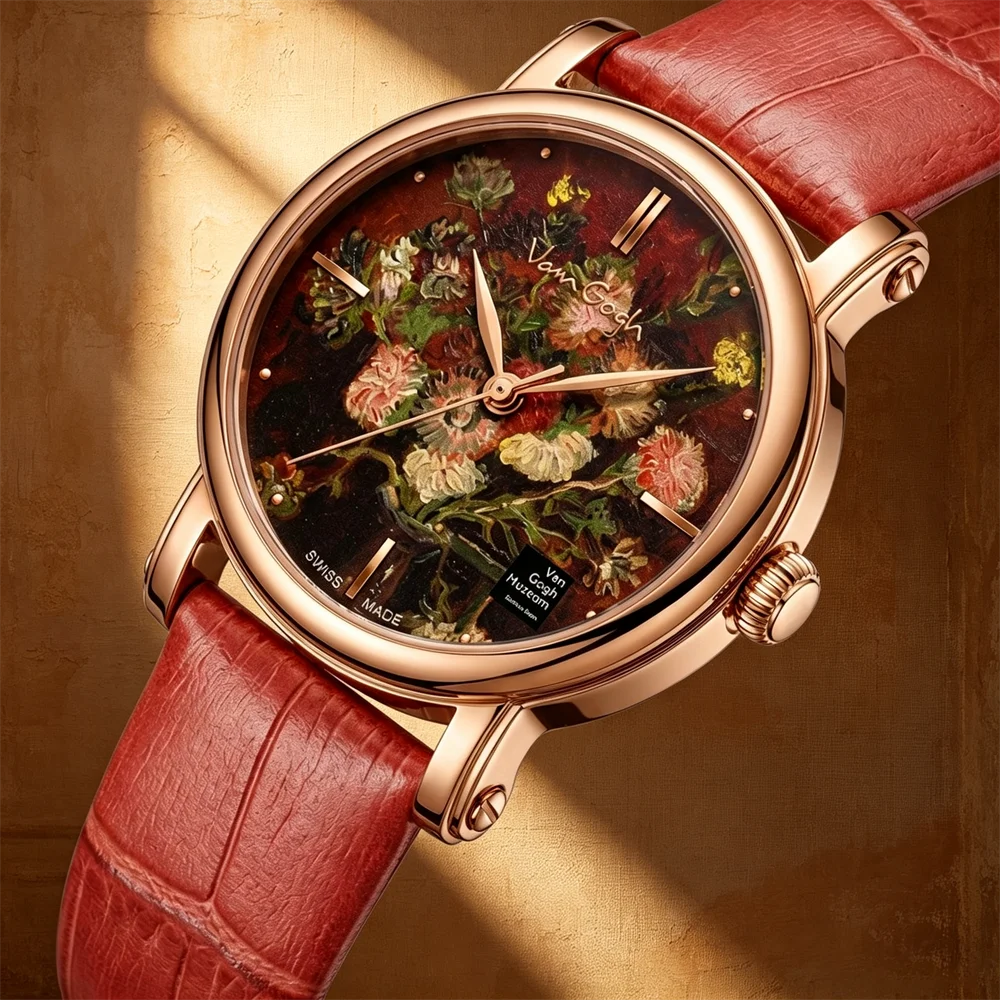 Van Gogh Women's Light Luxury Quartz Watch with Waterproof Genuine Leather Strap Sporty Design for Daily Wear and Commuting