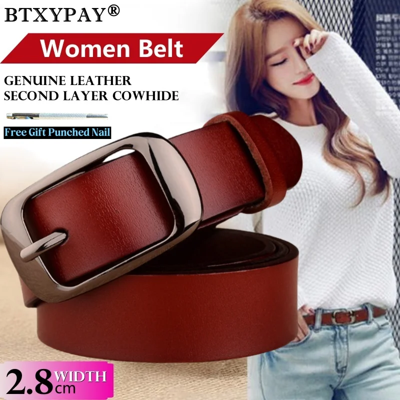 2.8cm Width Ladies' Pin Hole Buckle Belt Women Genuine Leather Belts Real Second Layer Cowhide Vintage Jeans Girl's Waistband