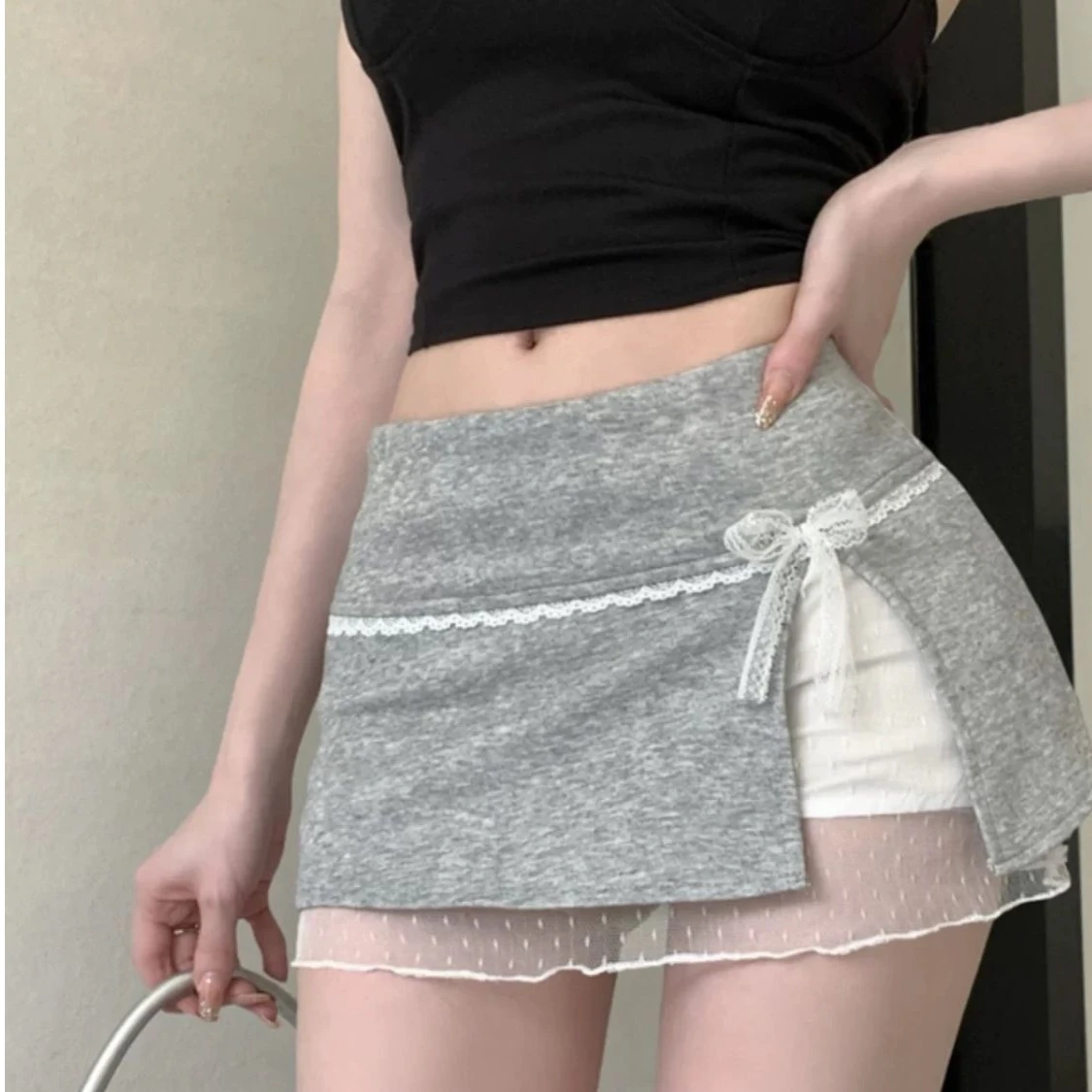 

Юбка А-силуэта с высокой талией и кружевными вставками, женская летняя короткая юбка с защитой от просвечивания, в стиле Гонконг