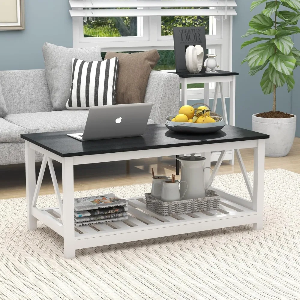 

Farmhouse Coffee Table, Black and White Coffee Table for Living Room, 2-Tier Rectangular Wooden Centre Cocktail Table with Slats