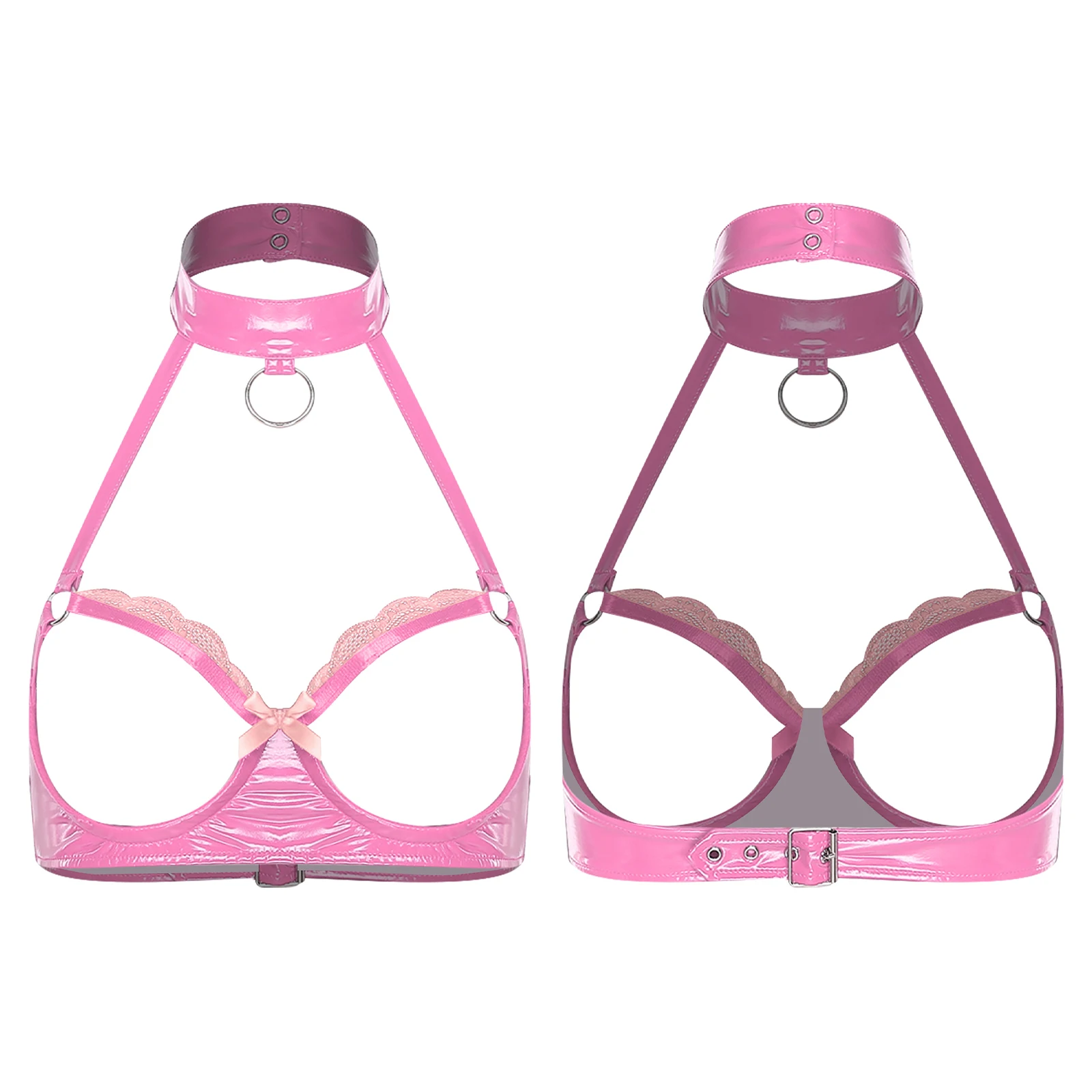 

Women Glossy PU Leather Bra Top Cupless Halter with O-ring Floral Lace Hollow Bra Cage Lingerie for Erotic Tempting Brassier