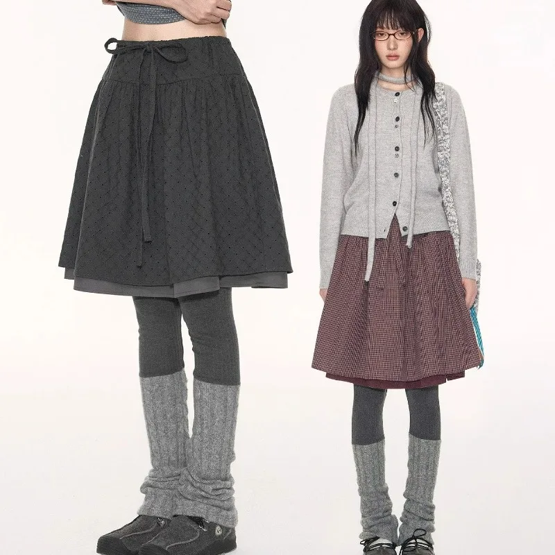 

Korean Retro High Waist Lace-up Loose A-line Skirt Women 2025 Winter New Streetwear Pleated Plaid Casual Knee Length Skirt