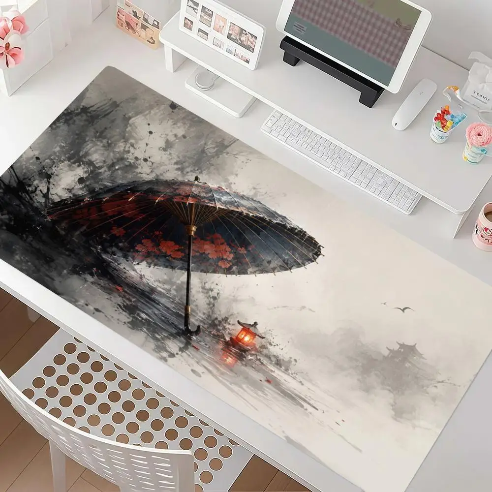 Mouse Pads Ink Wash Warrior With Umbrella Oriental River Scene Playmat Large Size For Laptop Keyboard Accessories Mat