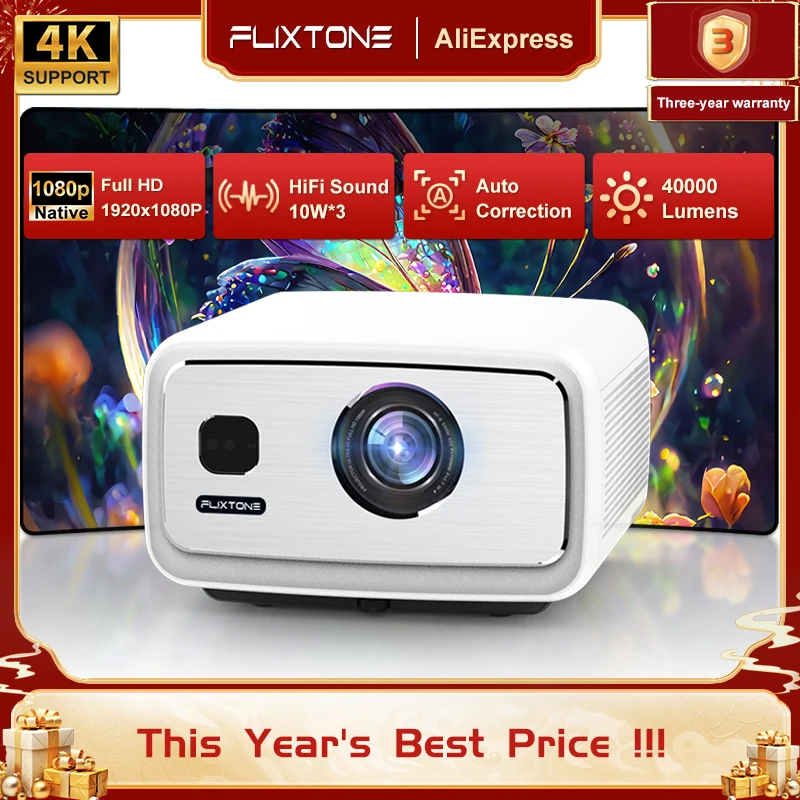 FlixTone D9W Ultra Full HD 1080Pโปรเจคเตอร์ 4K 3000 ANSI Android 12 Theater Beamโปรเจคเตอร์สําหรับบ้านการประชุมกลางแจ้งVideo Beamer
