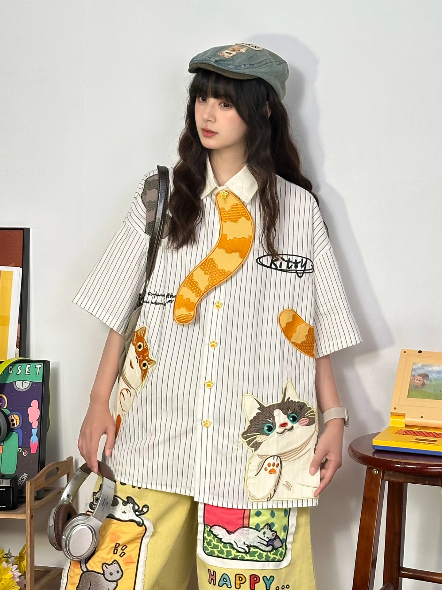 Original Japanese Retro Cartoon  Embroidery Striped Short Sleeve Loose Women's Shirt Cute Summer Breathable Cotton Casual Top