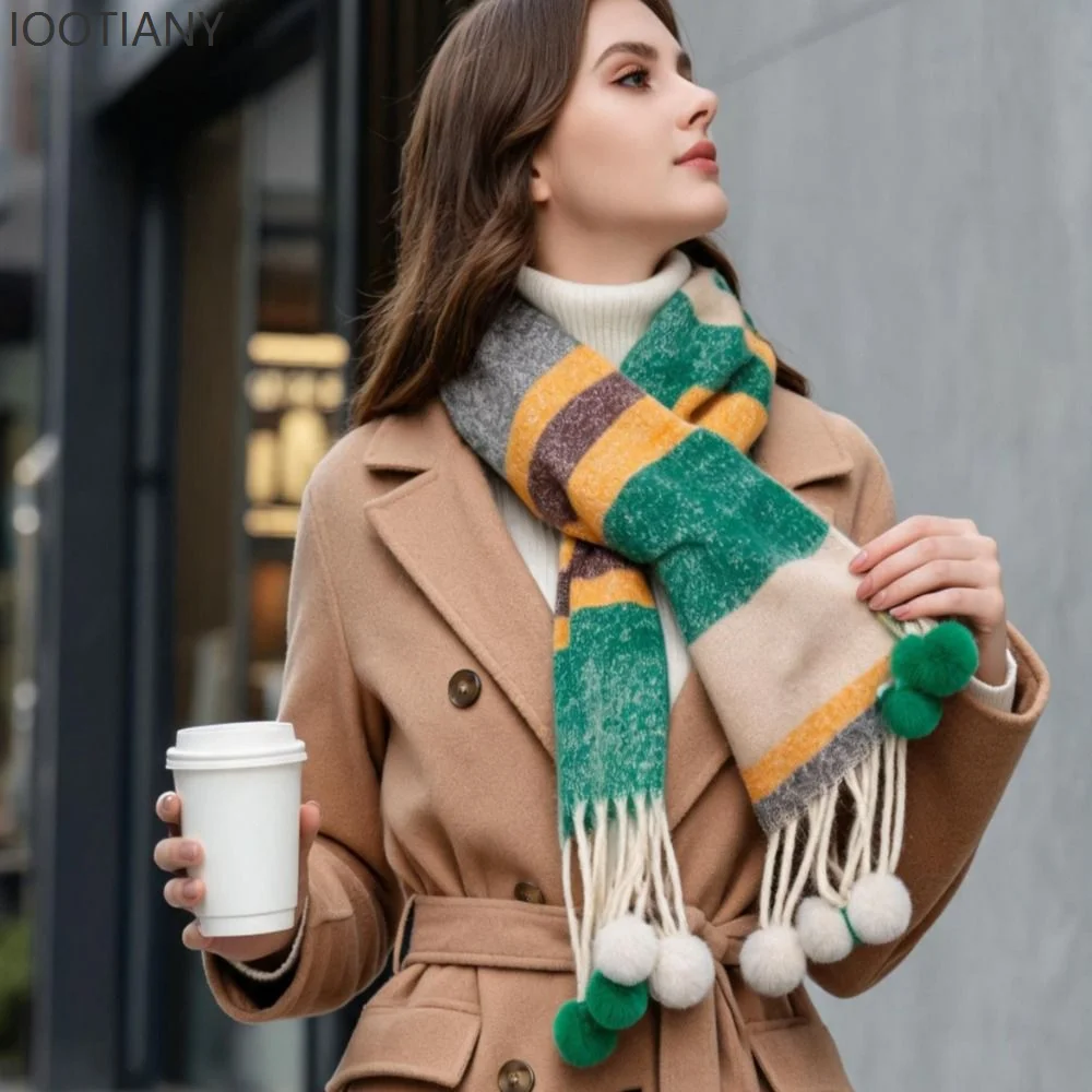 Women Winter Scarf Imitation Cashmere Colorful Knitted Scarves With Rabbit Fur Ball Tassels Warm Stripe Patchwork Colors Shawls