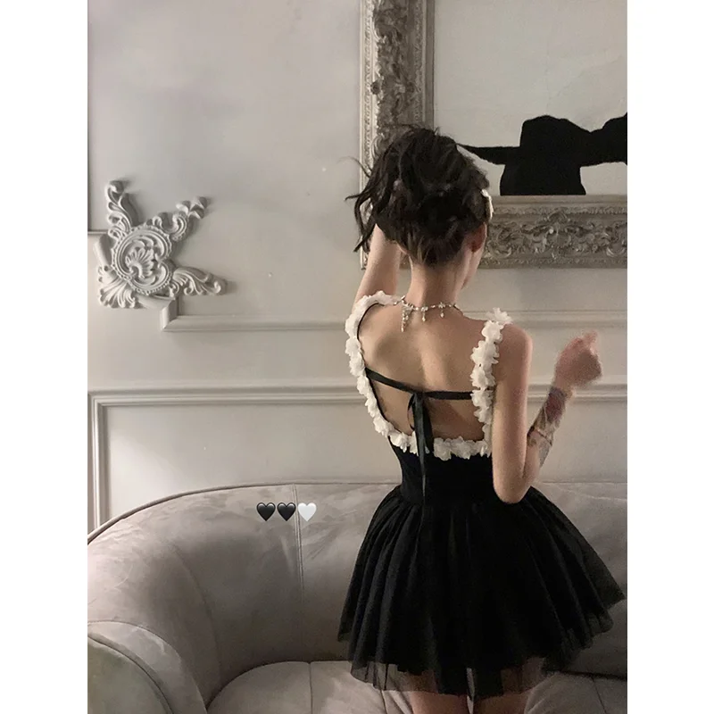 Summer Women\'s Black Straps Dress Sexy Square Neck High Level Sense Fashion Ballet Wind Suspender Ball Gown Short Skirt Dress