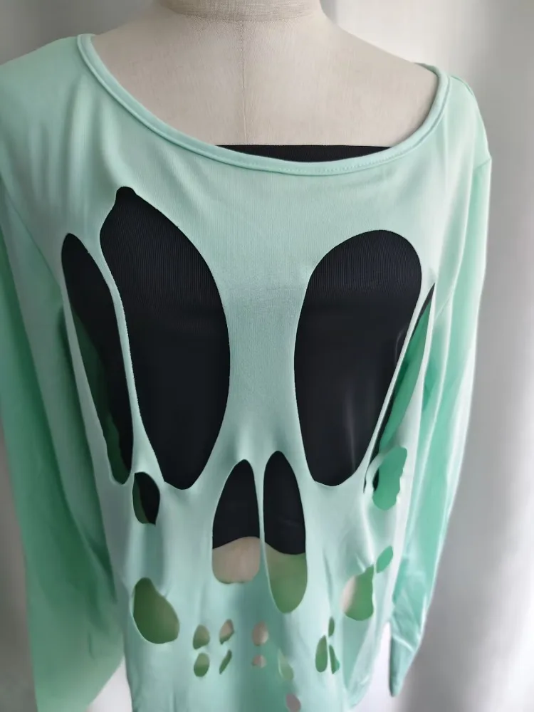 Kimutomo Women T Shirts Sexy Vintage Skulls Printed Hole Diagonal Collar Off Shoulder Long Sleeve Vintage Grunge Gothic Y2k - view 4