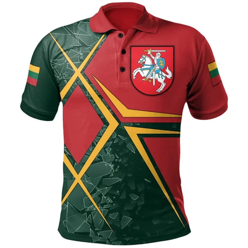 Lithuania Flag Polo Shirt Summer Casual 3d Print National Emblem Short Sleeve T-shirt Men Street Lapel Oversized Shirts Tops