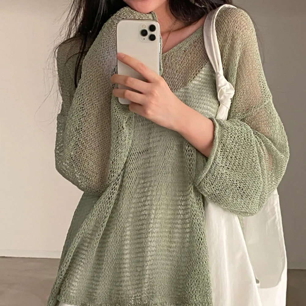 Fashion Summer Hollow Out Blouses Loose Thin Sunscreen Clothing Long Sleeve Beach Vacation Knitwear Tops Women