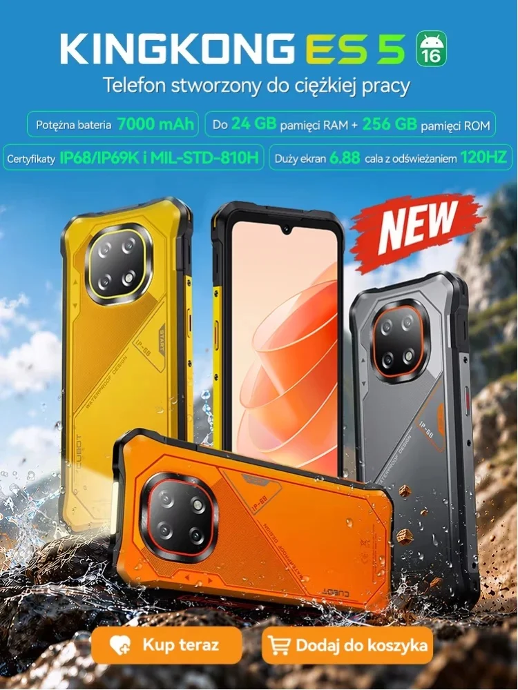 Cubot KingKong ES 5 Robustes Smartphone Android 16,6GB+128GB, 6,88" 120Hz Display, 7000mAh Akku, IP69K wasserdicht, 64MP+16MP Kamera, NFC, Fingerabdruck-Gesichtserkennung, SCT620 Octa-Core